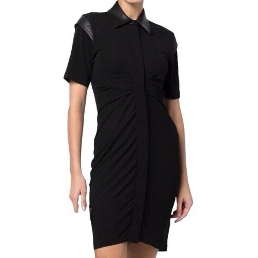 Helmut Lang Womens Medium Lamb Leather Collard Trim Cady Flattering Dress Black